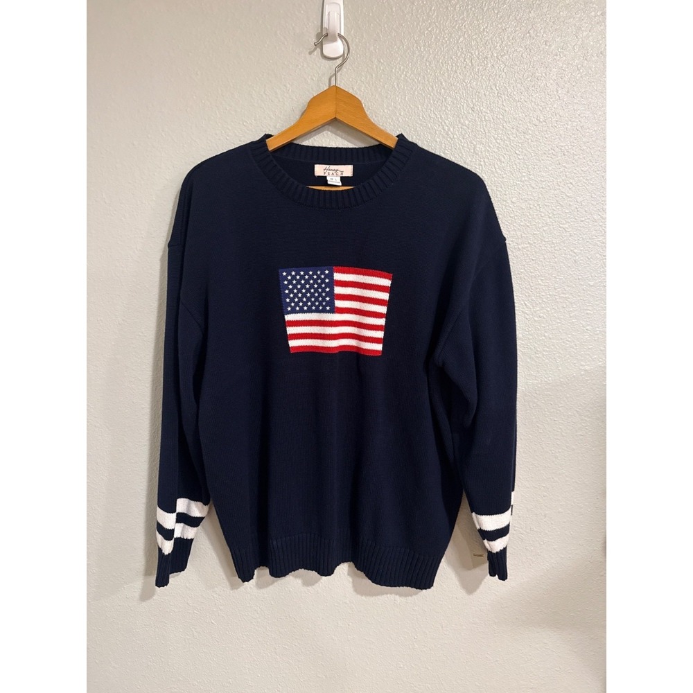 Honey Peach American Flag Sweater Women Large Navy Blue 87 Graphic Knit Pullover